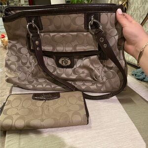 Coach Brown and Cream Signature Shoulder Bag and matching wallet